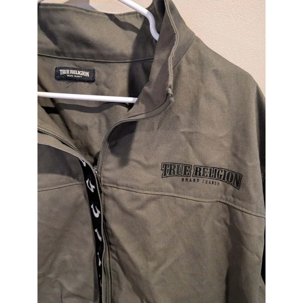 True Religion HS Twill Jacket Mens XL Kalamata Green Full Zip Logo Chore Buddha